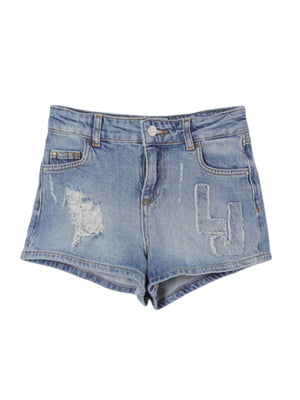 Shorts bambina in denim blu con rotture e logo ricamato