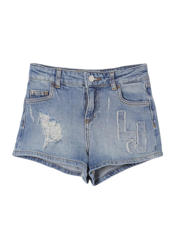 Shorts bambina in denim blu con rotture e logo ricamato
