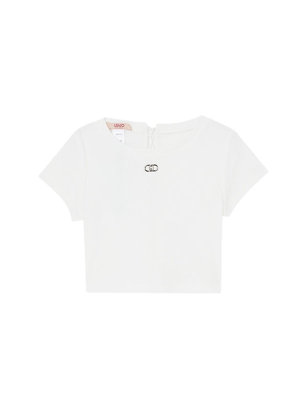 T-shirt bambina bianca cropped con logo minimal