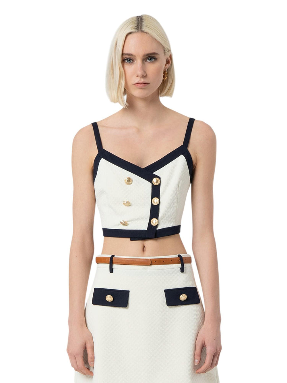 Top donna cream con dettagli dark blue e bottoni decorativi