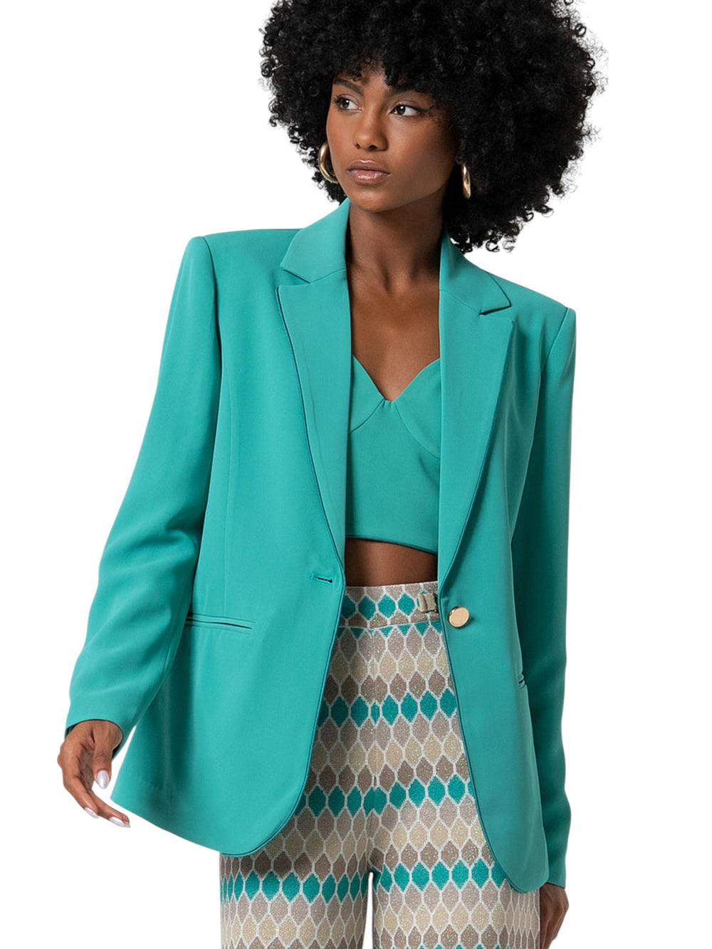 Giacca donna verde smeraldo monopetto in tessuto stretch