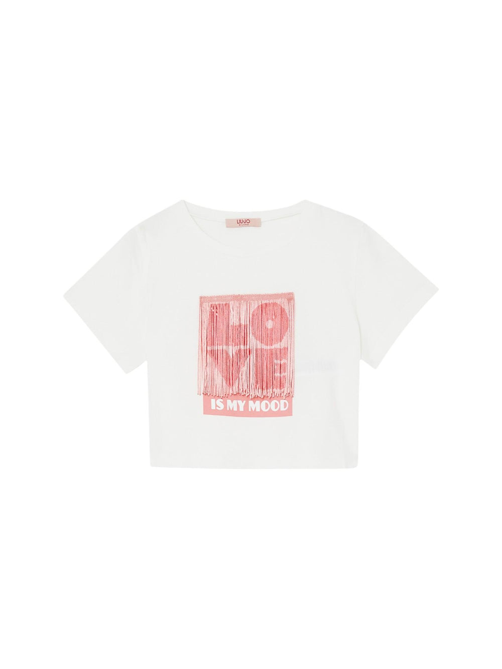 T-shirt bambina bianca con frange rosa e scritta Love is my mood