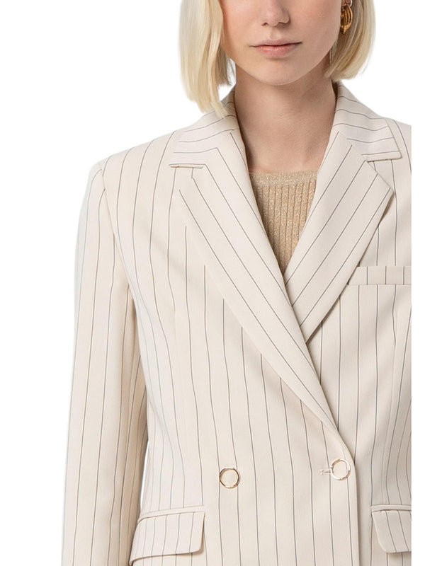 Blazer donna doppiopetto avorio a righe sottili con bottoni dorati