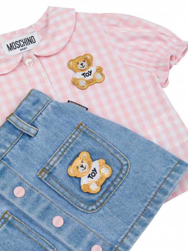 Completo bambina rosa e denim con camicia a quadretti e gonnellina