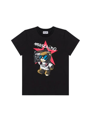 T-shirt bambina nera con orsetto DJ e logo