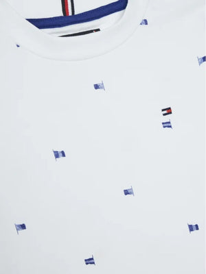 T-shirt bambino bianca con micro-stampe in cotone rigenerativo