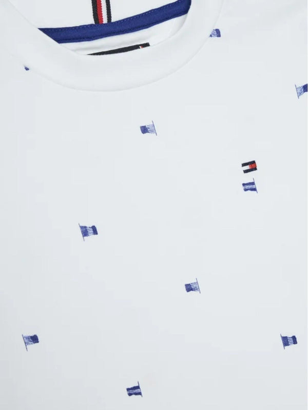 T-shirt bambino bianca con micro-stampe in cotone rigenerativo