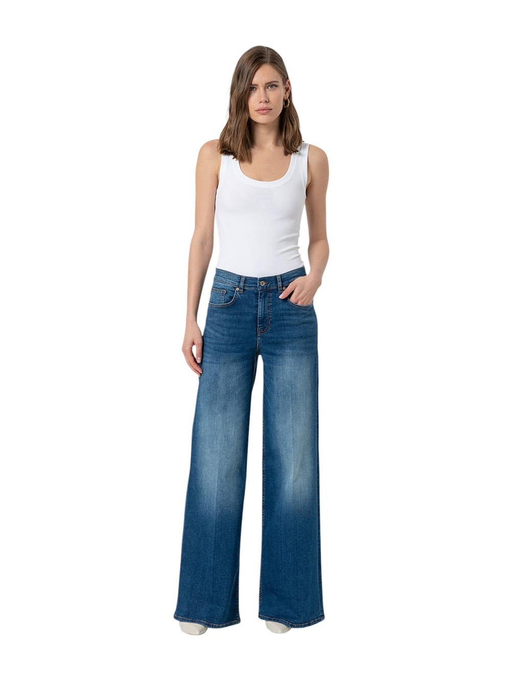 Jeans donna flare a vita alta in denim blu slavato