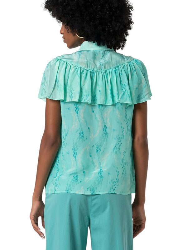 Camicia donna verde acqua con maniche corte e volant