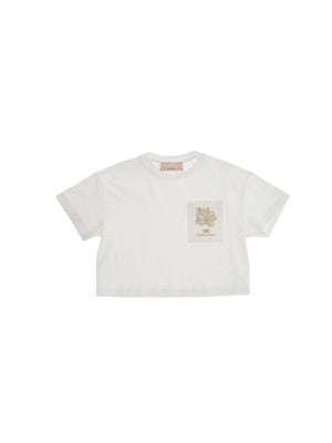 T-shirt bambina bianca cropped con taschino ricamato
