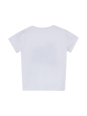 T-shirt bambina bianca con stampa shopping bag e fiocco verde