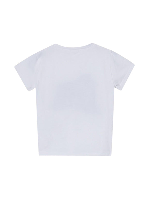 T-shirt bambina bianca con stampa shopping bag e fiocco verde