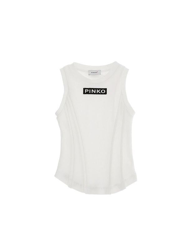 Top bambina bianco in cotone con profili neri e logo