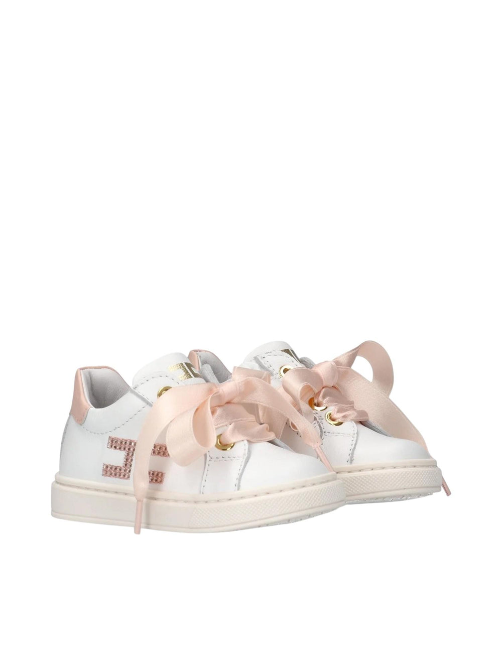 Sneakers bambina in pelle bianca con fiocchi e dettagli rosa