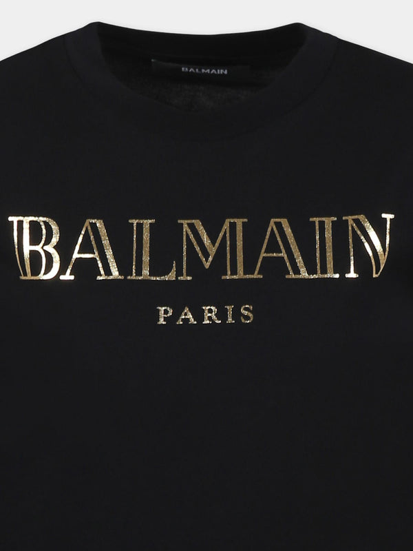 T-shirt bambina nera in cotone con stampa dorata