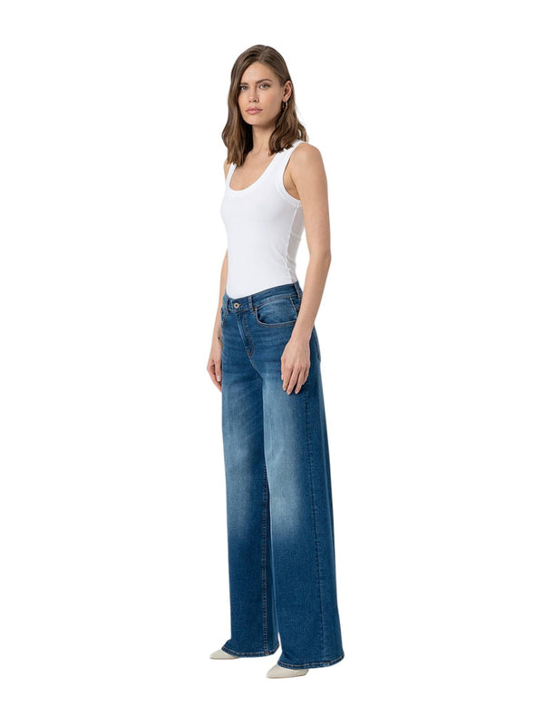 Jeans donna flare a vita alta in denim blu slavato