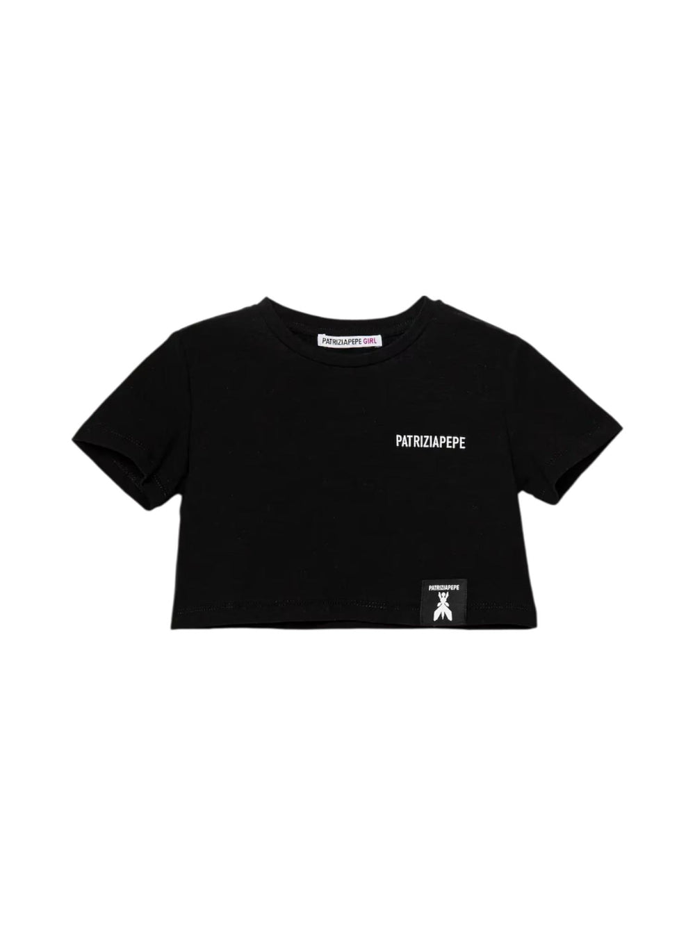 T-shirt nera crop con logo Patrizia Pepe in contrasto