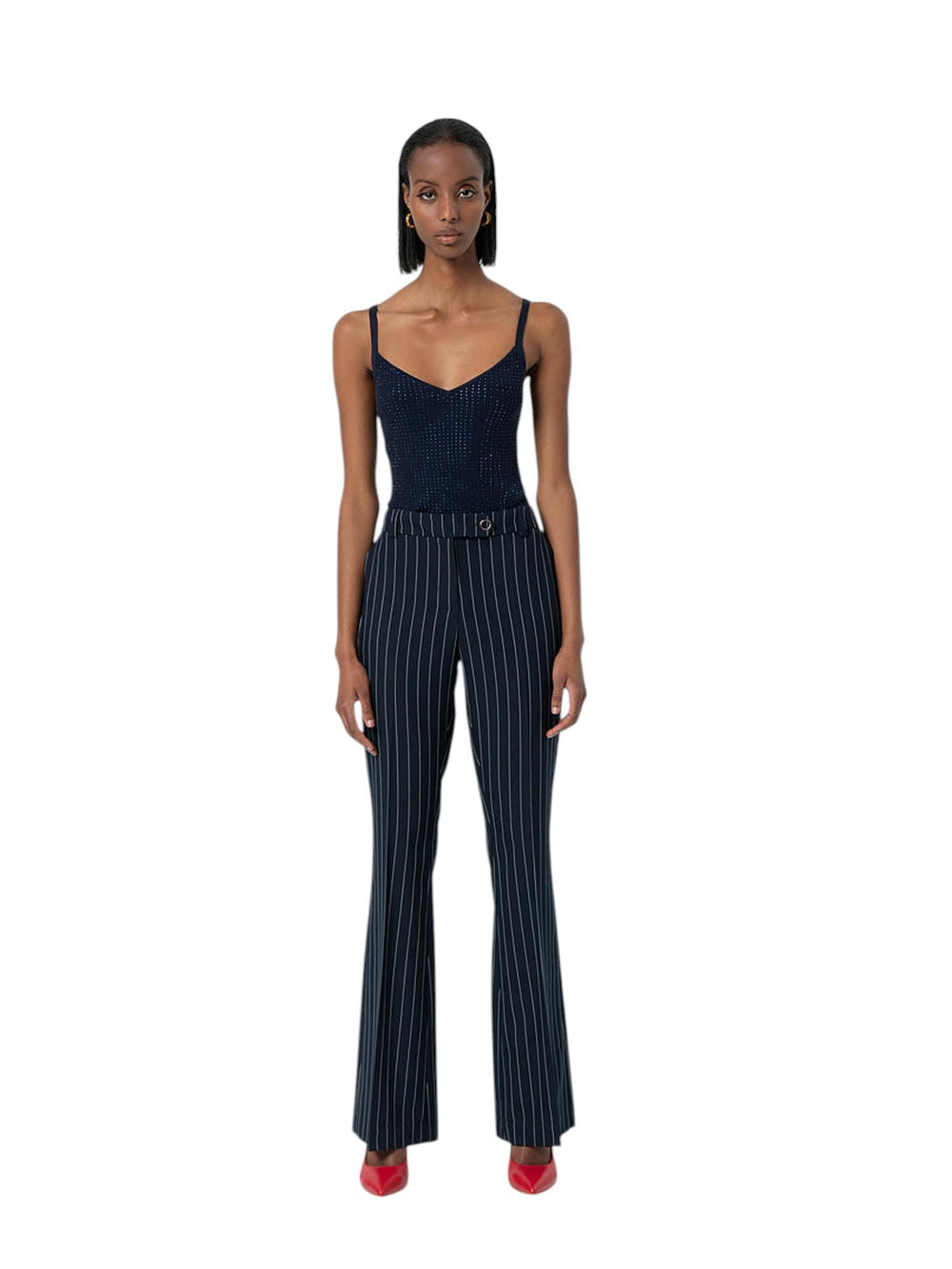 Pantaloni donna bootcut a righe con vita regolare