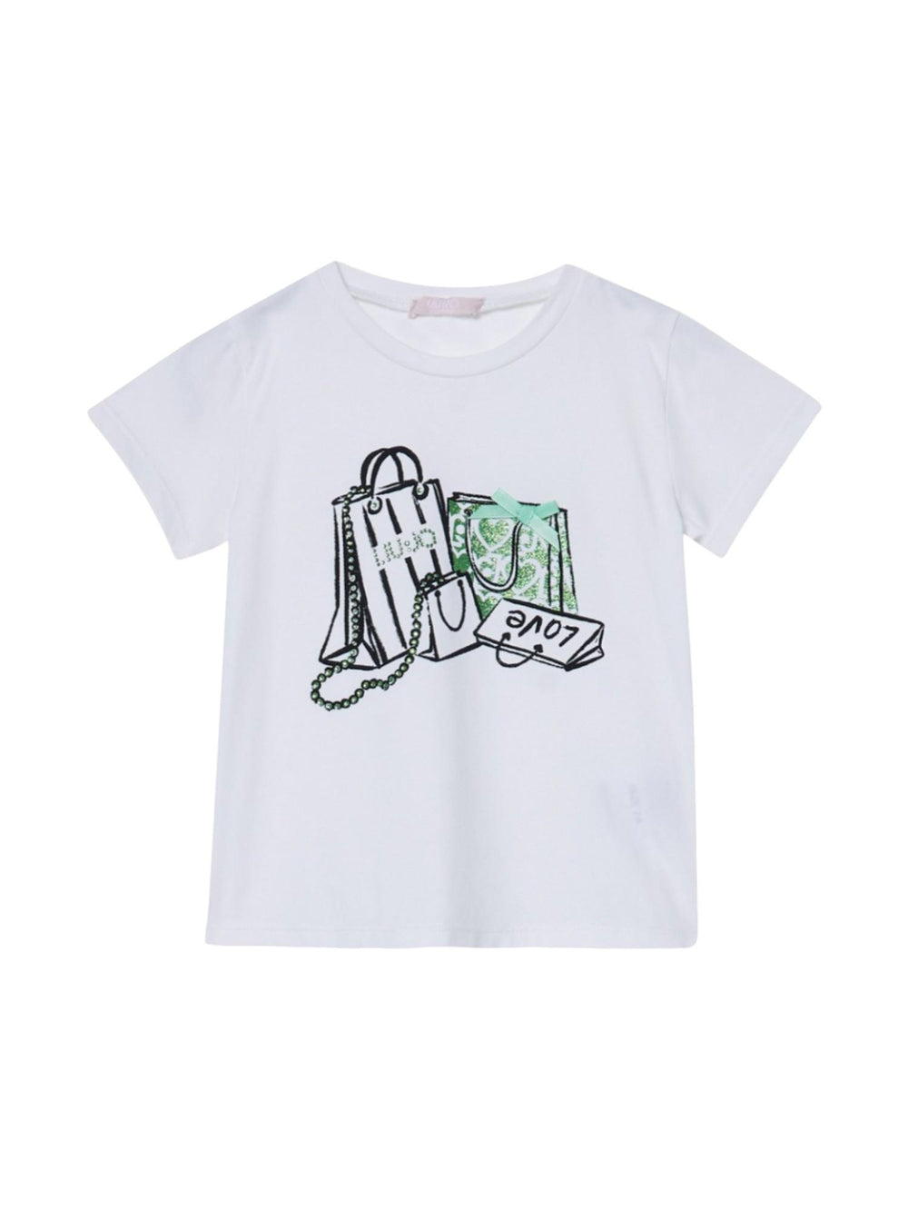 T-shirt bambina bianca con stampa shopping bag e fiocco verde