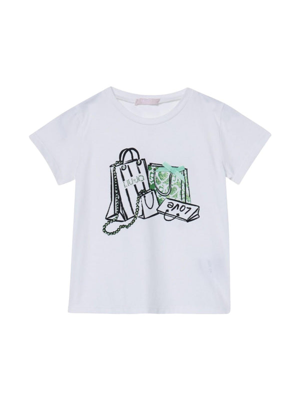 T-shirt bambina bianca con stampa shopping bag e fiocco verde