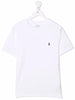 T-shirt bambino bianca in cotone con logo blu ricamato