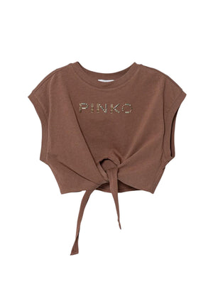 T-shirt bambina color terra con nodo e logo oro brillante