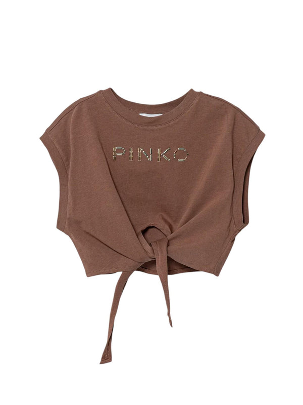 T-shirt bambina color terra con nodo e logo oro brillante