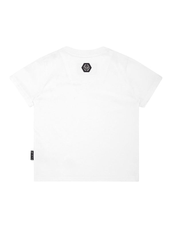 T-shirt bambino bianca con stampa supercar e logo