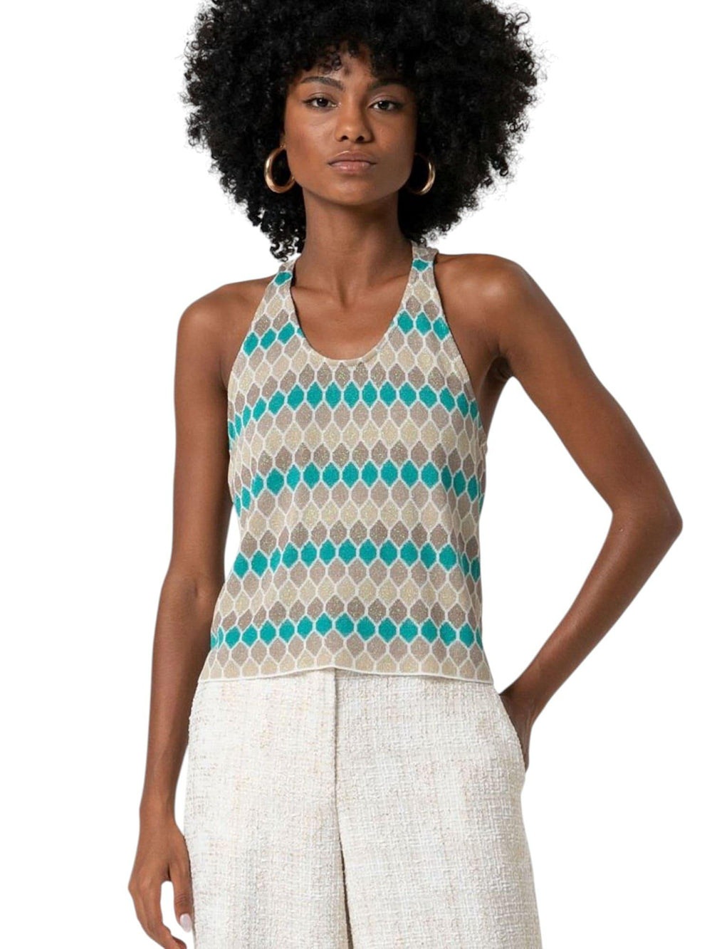Top donna multicolor con fantasia geometrica e spalline larghe