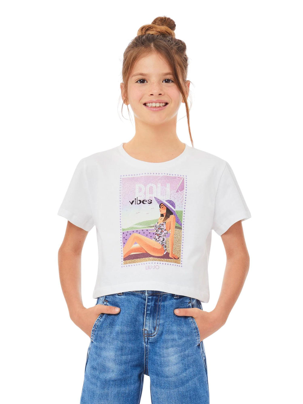 T-shirt bambina bianca con stampa Vibes e strass
