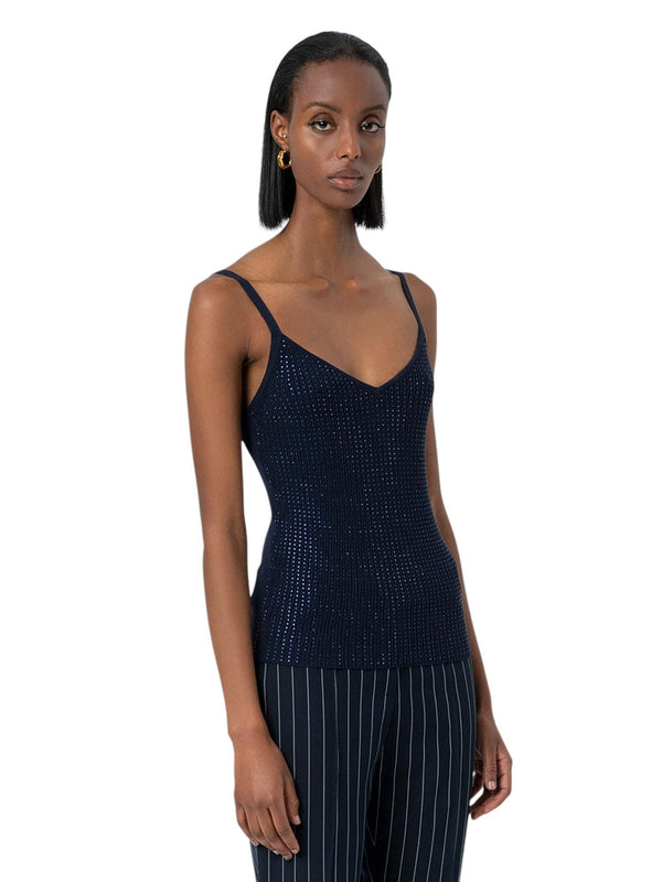 Top donna dark blue con strass e spalline sottili