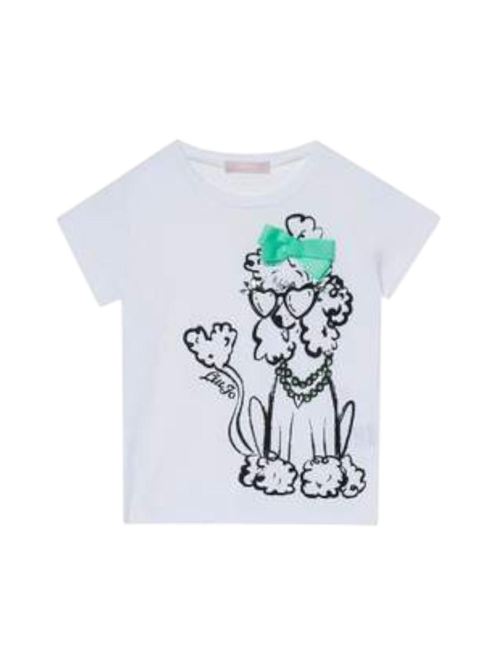 T-shirt bambina bianca con barboncino e fiocco verde
