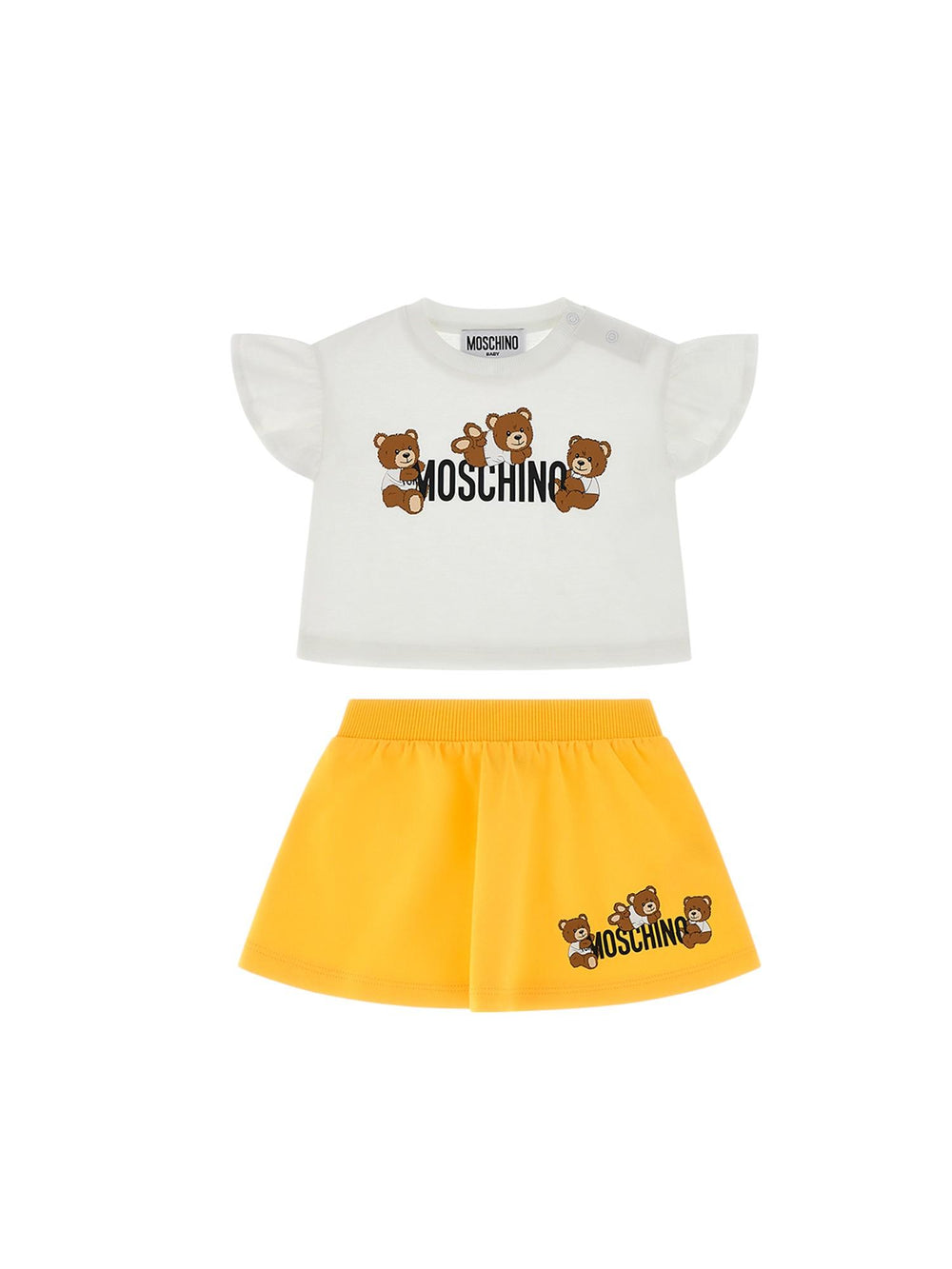 Completo bambina bianco e giallo in cotone con teddy bear