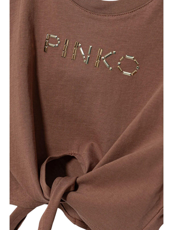 T-shirt bambina color terra con nodo e logo oro brillante