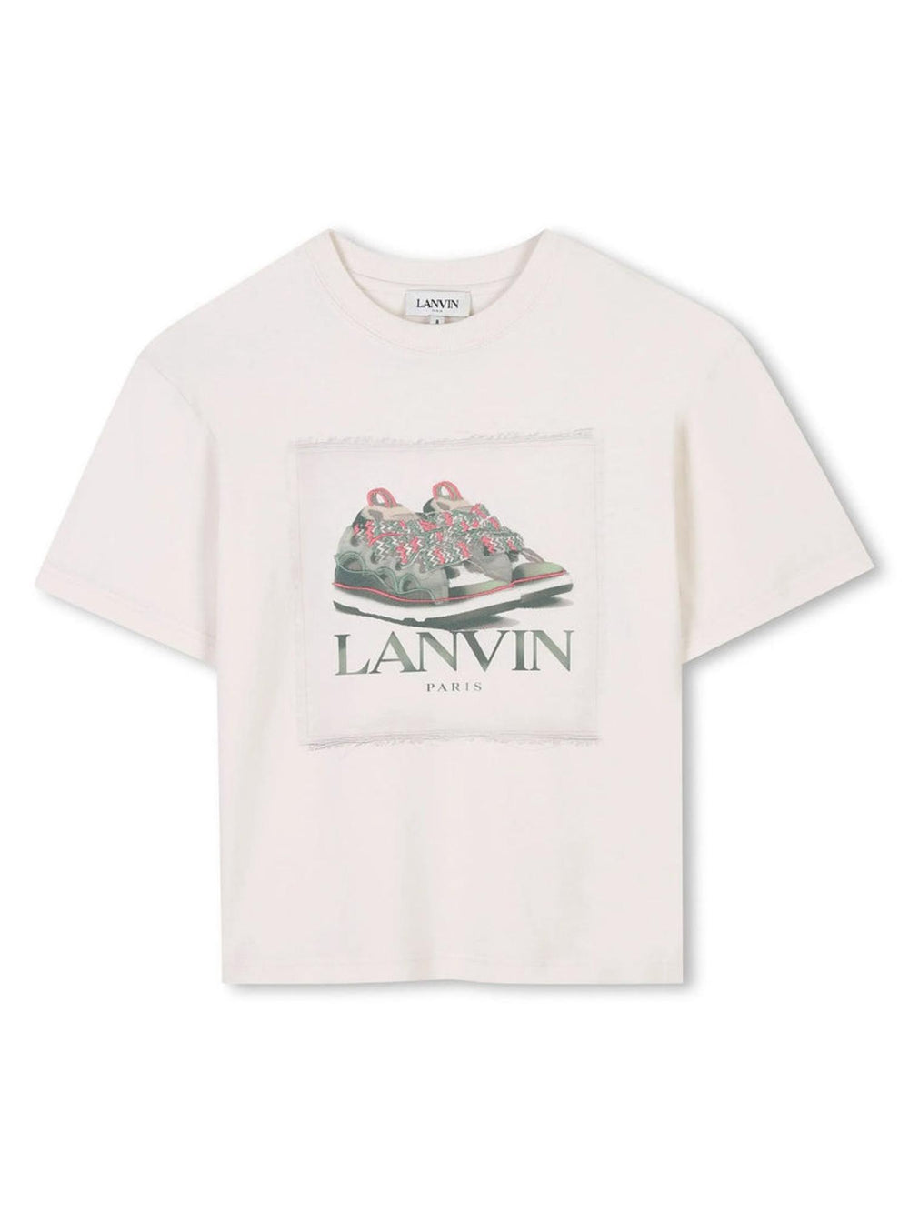 T-shirt bambino écru con stampa sneakers verdi e logo