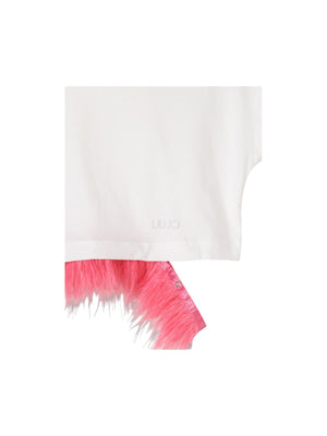 T-shirt bambina bianca cropped con bordo in eco-pelliccia rosa