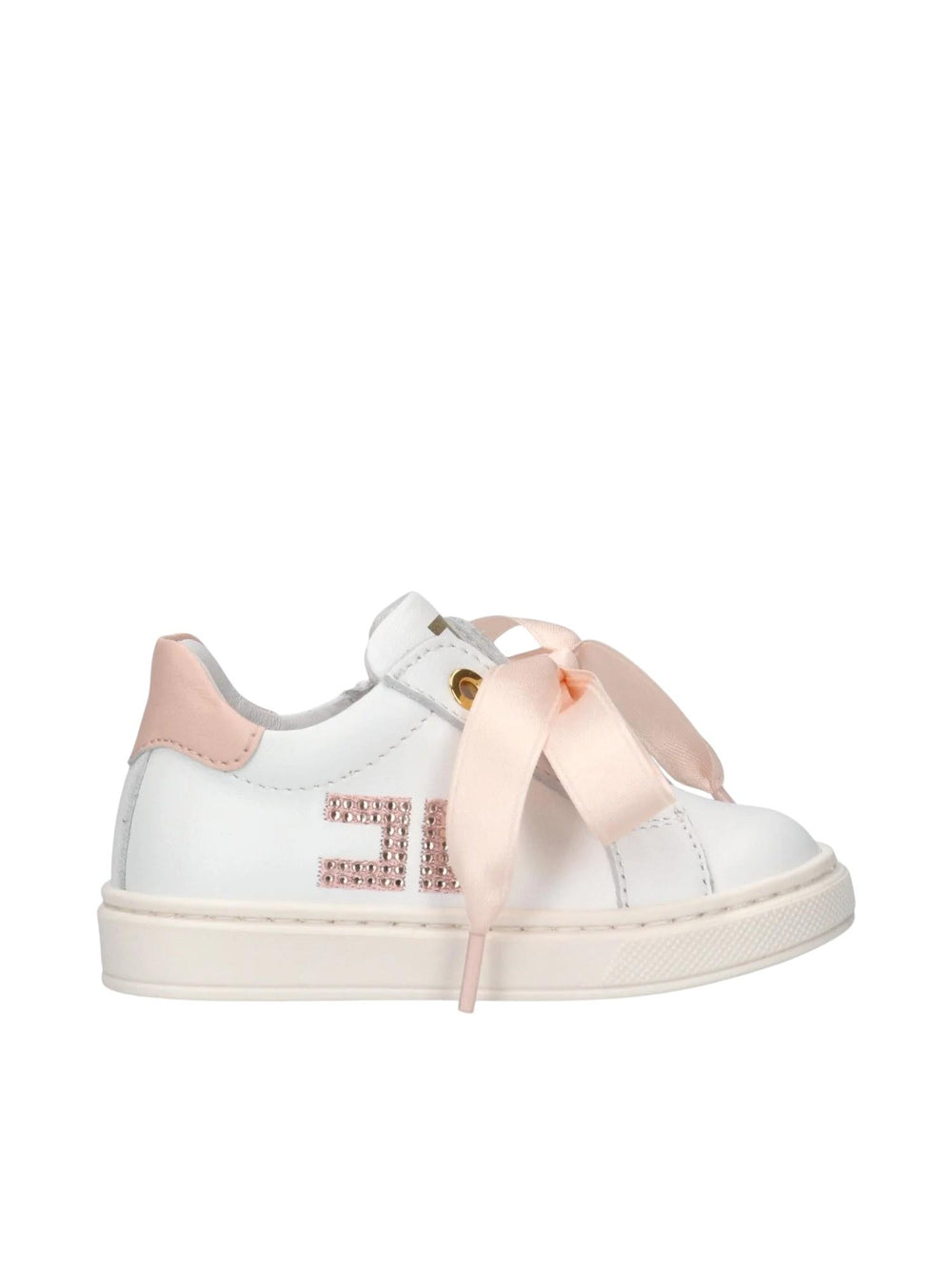 Sneakers bambina in pelle bianca con fiocchi e dettagli rosa