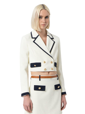 Blazer corto donna bianco con profili navy e bottoni dorati