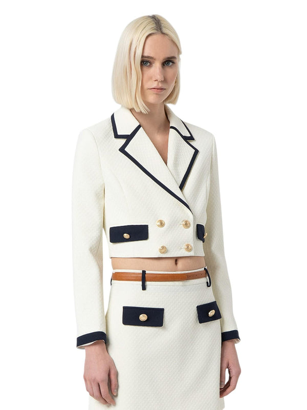 Blazer corto donna bianco con profili navy e bottoni dorati