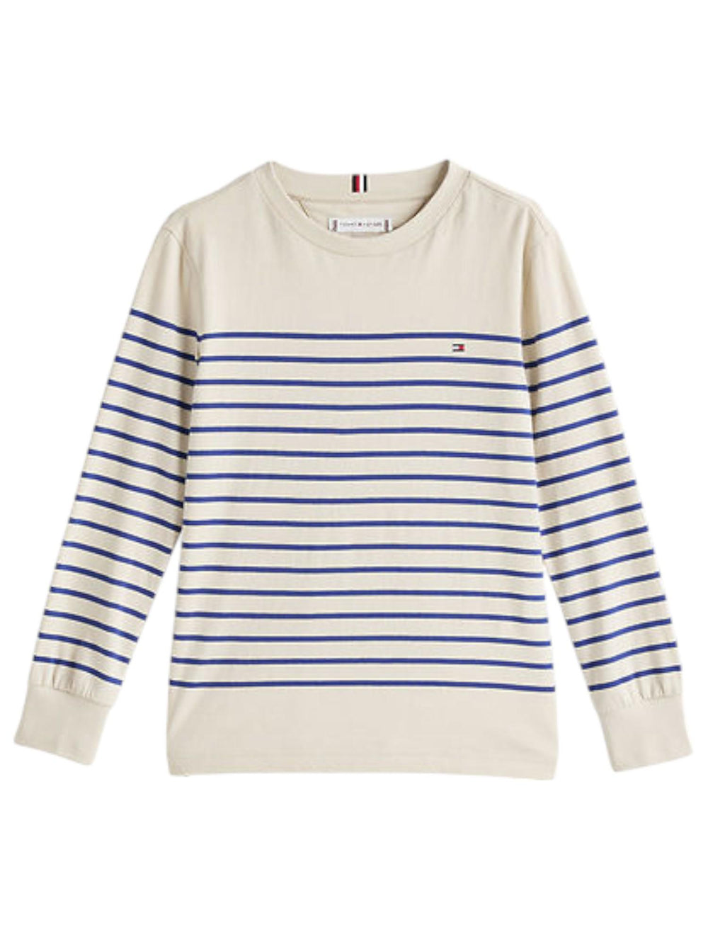 T-shirt bambino rigata beige e blu in cotone in conversione
