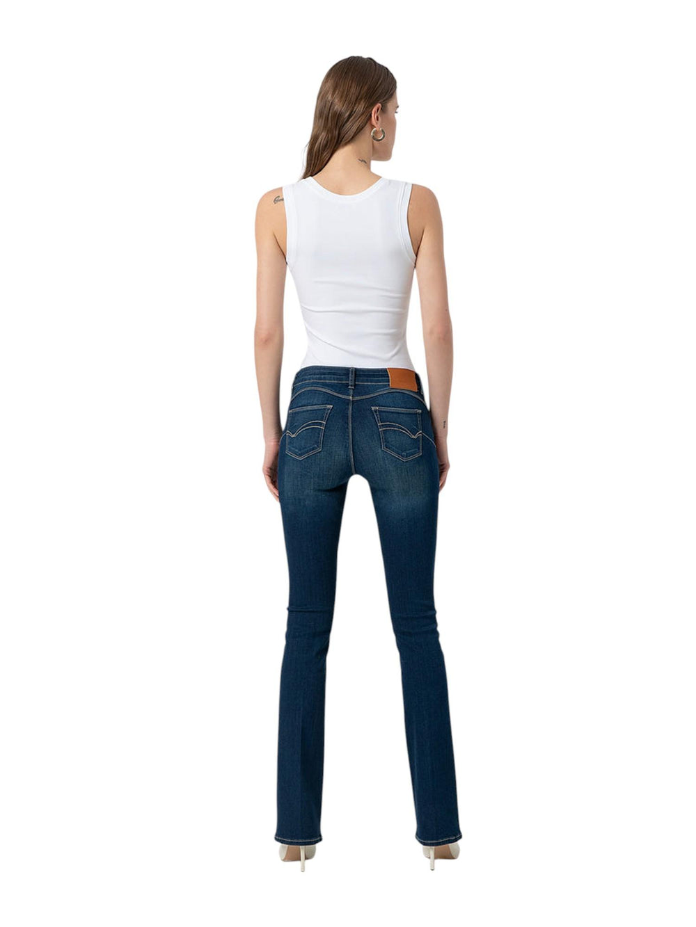 Jeans bootcut donna in denim scuro con dettagli gold