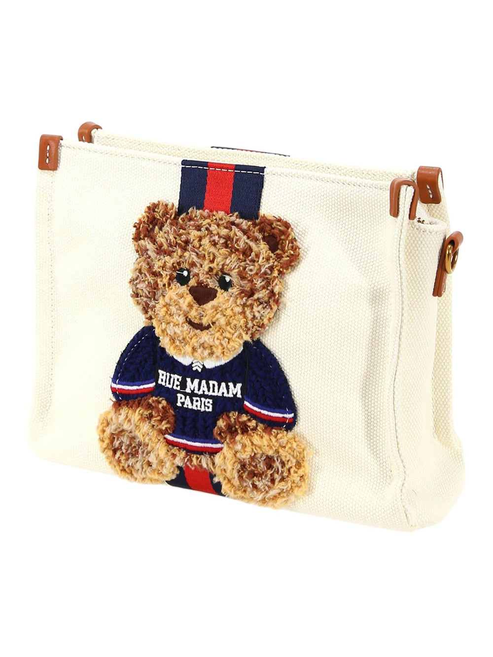 Pochette donna canvas white in cotone con orsetto e tracolla a catena