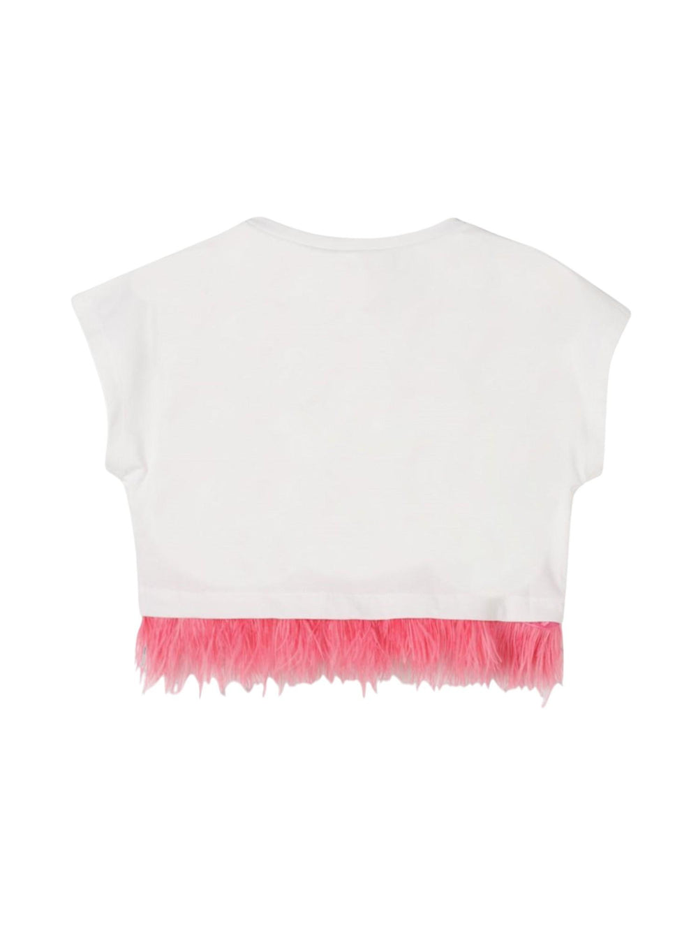 T-shirt bambina bianca cropped con bordo in eco-pelliccia rosa