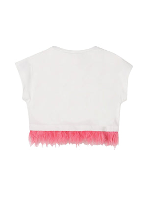 T-shirt bambina bianca cropped con bordo in eco-pelliccia rosa