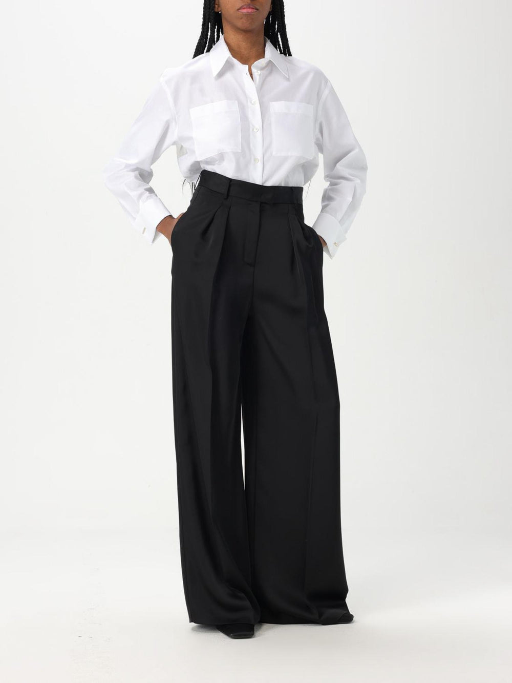 Pantaloni donna neri a palazzo con pinces