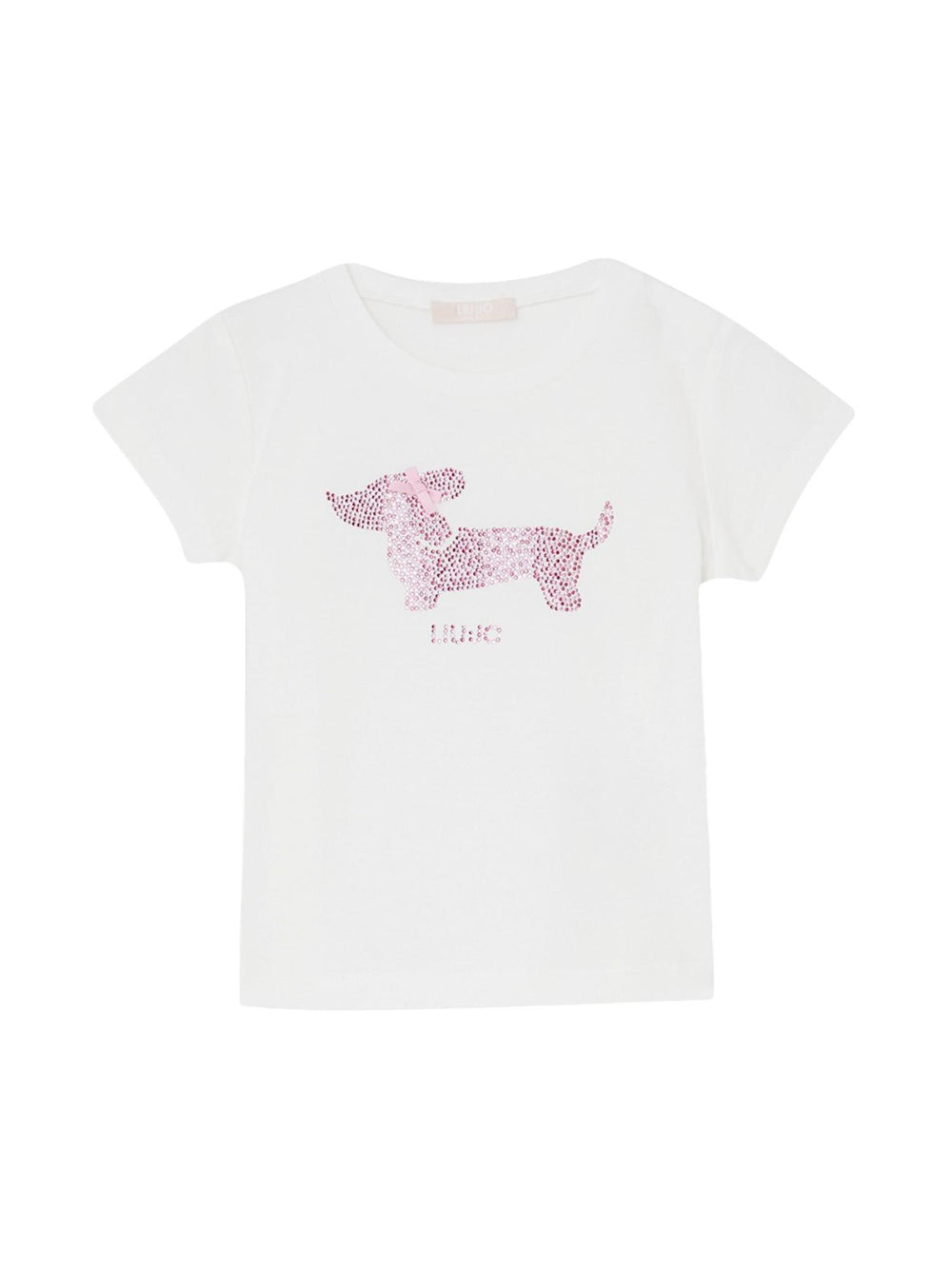 T-shirt bambina bianca con bassotto in strass rosa
