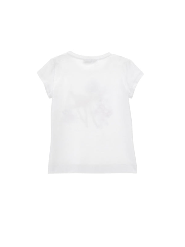 T-shirt bambina bianca in cotone con stampa cerbiatto e fiori