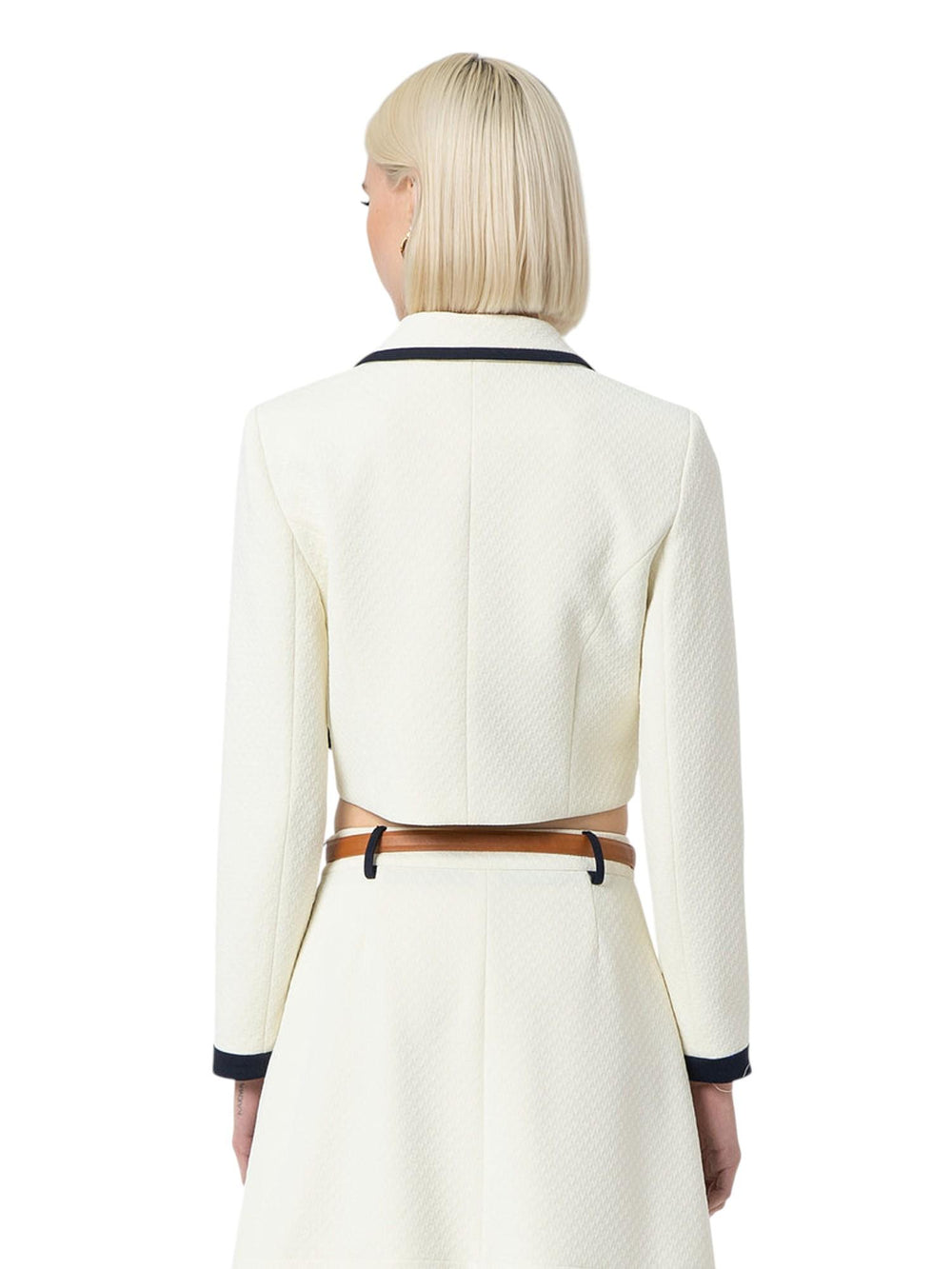 Blazer corto donna bianco con profili navy e bottoni dorati
