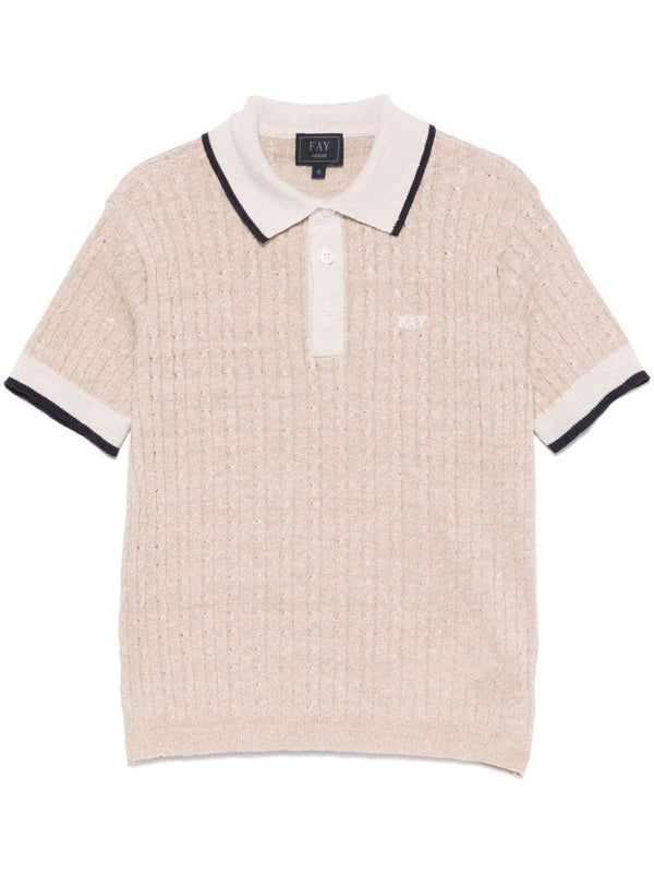Maglia polo bambino beige medio melange in lino e cotone