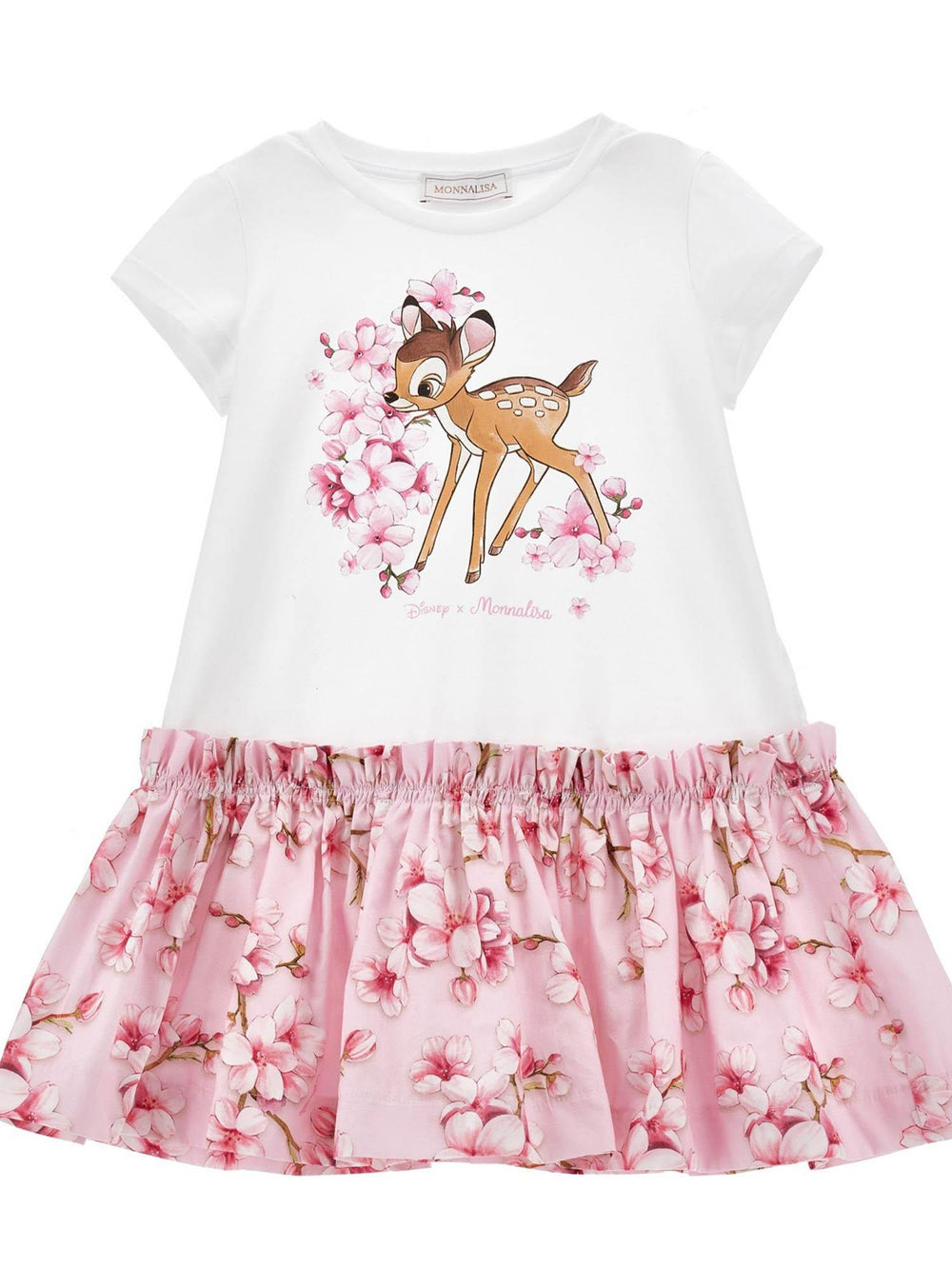 Abito bambina bianco e rosa con stampa Bambi e balza floreale